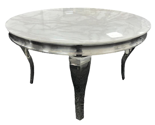 Louis White Marble 130cm Round Dining Table + Lucy Grey Lion Knocker Plush Velvet Chairs