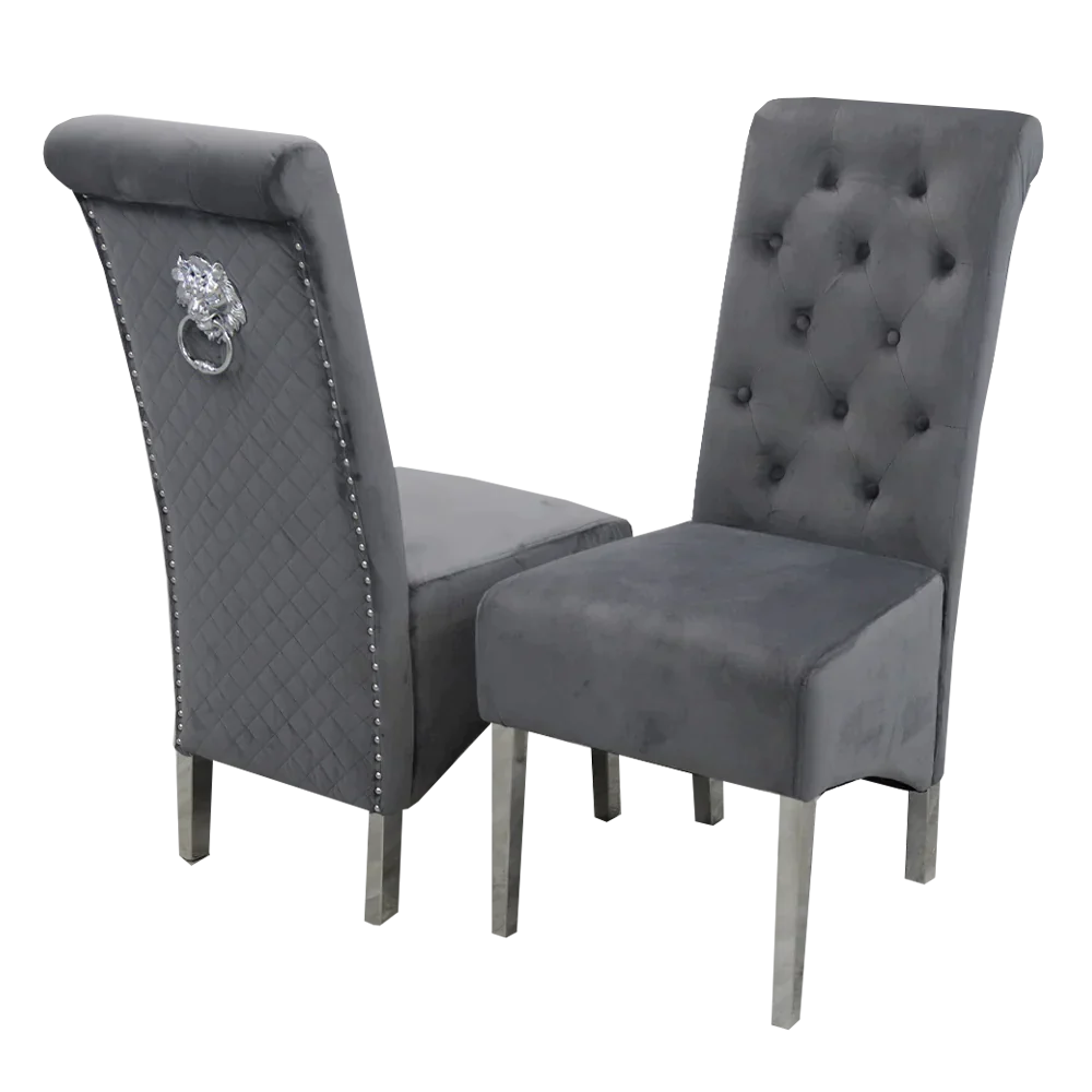 Arial 180cm Marble & Chrome Dining Table With Lucy Slim Quilted Lion Knocker Velvet Chairs