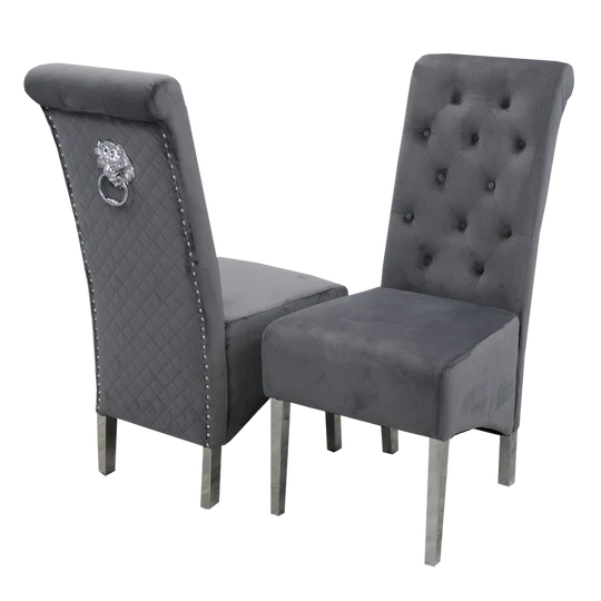 Louis White Marble 130cm Round Dining Table + Lucy Grey Lion Knocker Plush Velvet Chairs