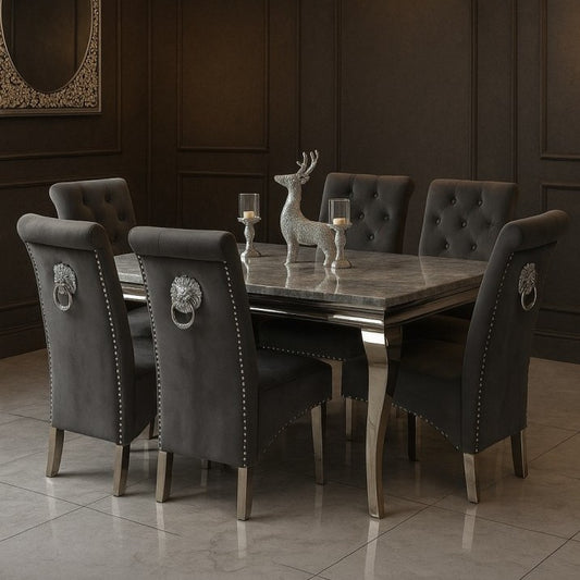 1.5m LOUIS GREY MARBLE DINING TABLE WITH 6 LUCY LION KNOCKER GREY PLUSH VELVET CHAIRS SET