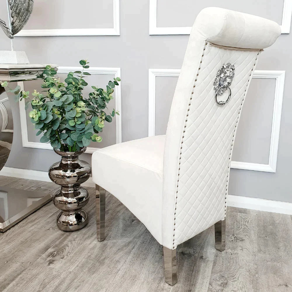 Arial 180cm Marble & Chrome Dining Table With Lucy Slim Quilted Lion Knocker Velvet Chairs