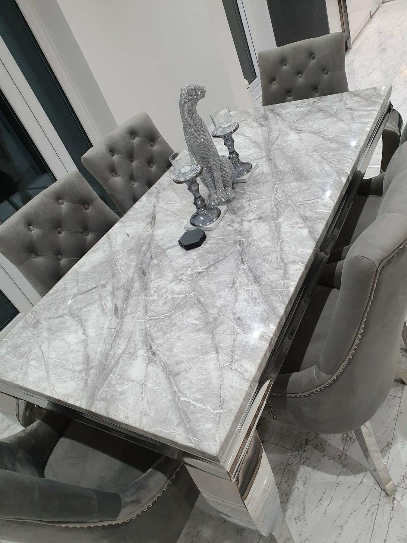 Louis 150cm Grey Marble Dining Table + Knightsbridge Light Grey Knocker Plush Velvet Chairs