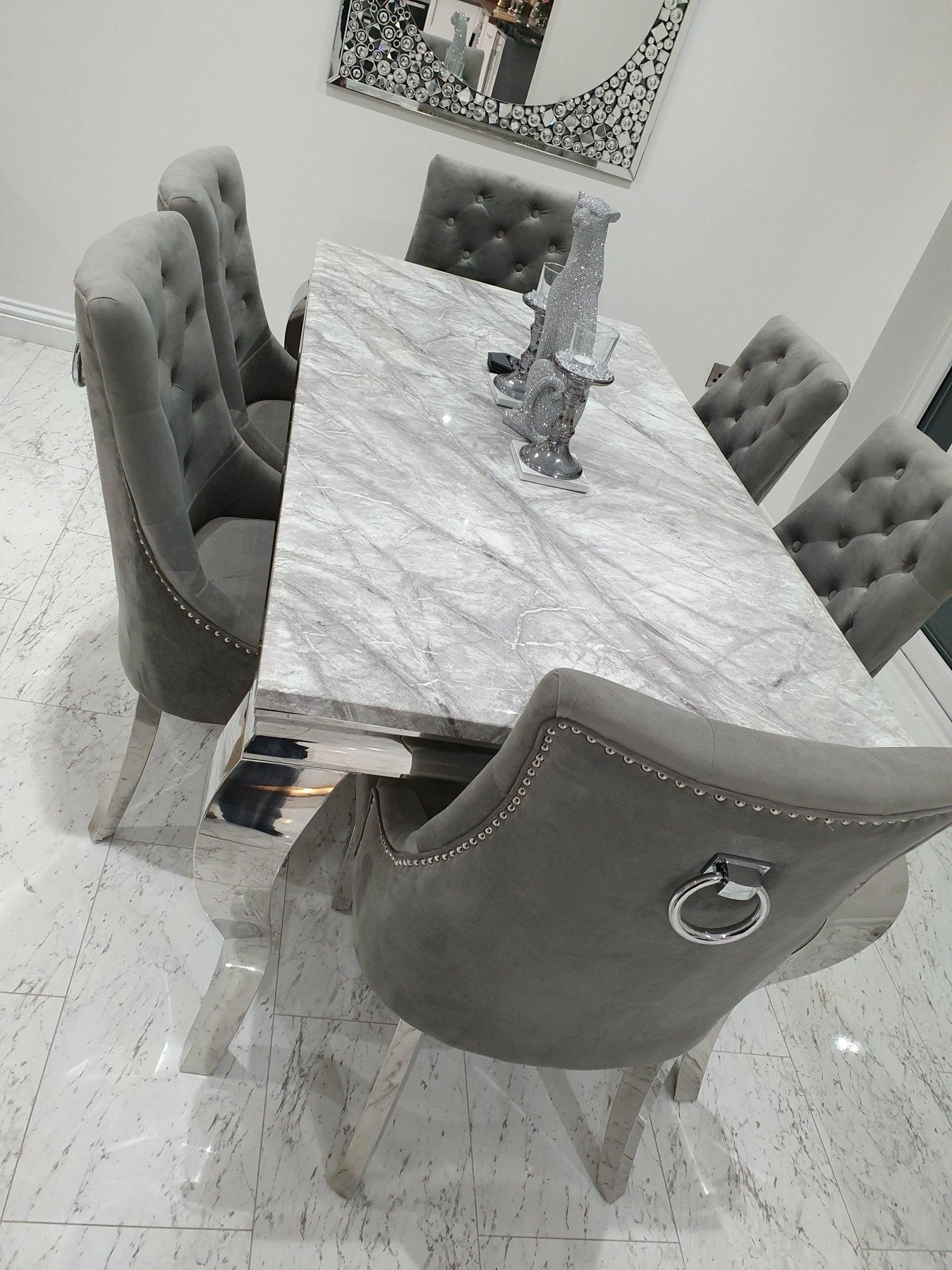 Louis 150cm Grey Marble Dining Table + Knightsbridge Light Grey Knocker Plush Velvet Chairs