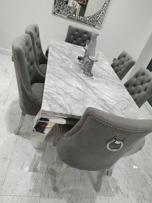 Louis 150cm Grey Marble Dining Table + Knightsbridge Light Grey Knocker Plush Velvet Chairs
