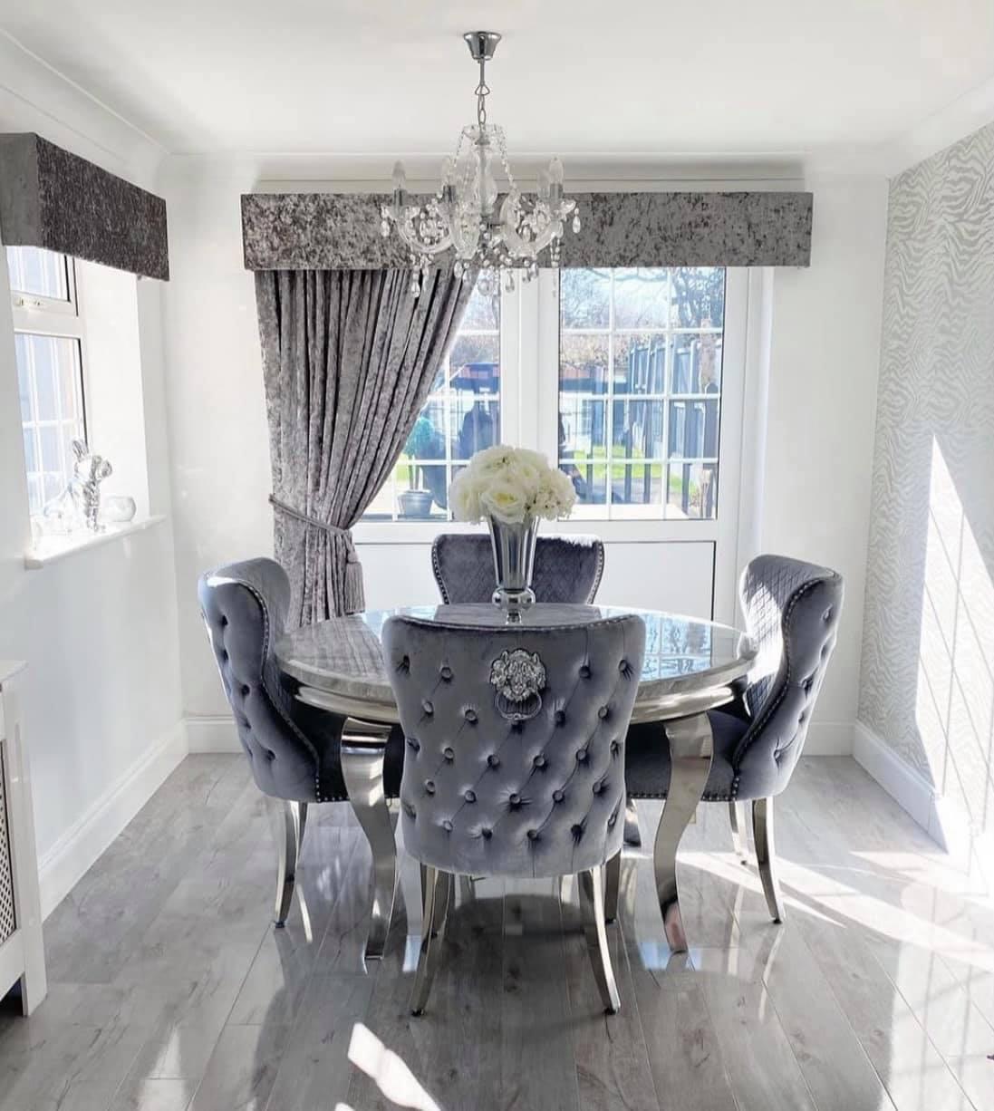 Louis 110cm Grey Marble Round Dining Table + Valente Grey Lion Button Chairs