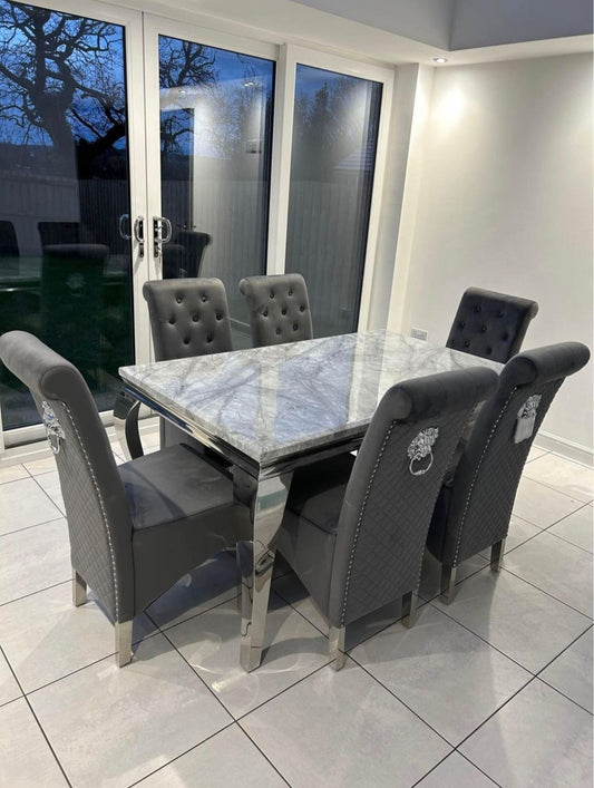 1.5m LOUIS GREY MARBLE DINING TABLE WITH 6 LUCY LION KNOCKER GREY PLUSH VELVET CHAIRS SET