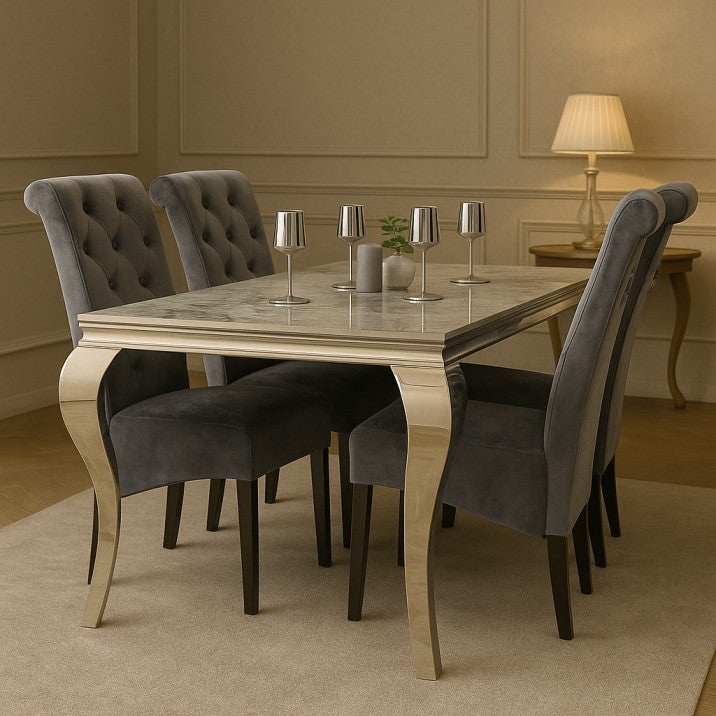 Luxury Louis Grey Marble Dining Table Set with 4 Lion Knocker Chairs