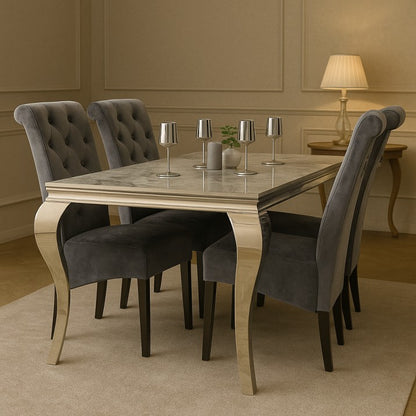 Luxury Louis Grey Marble Dining Table Set with 4 Lion Knocker Chairs