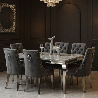 Louis 150cm Grey Marble Dining Set – Knightsbridge Velvet Chairs