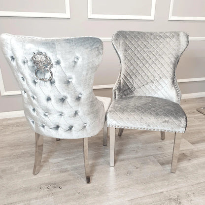 Louis 110cm Grey Marble Round Dining Table + Valente Grey Lion Button Chairs