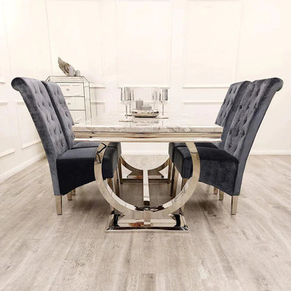 Arial 180cm Marble & Chrome Dining Table With Lucy Slim Quilted Lion Knocker Velvet Chairs