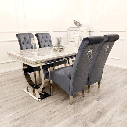 Arianna Marble & Chrome Dining Table With Lucy Slim Quilted Lion Knocker Velvet Chairs
