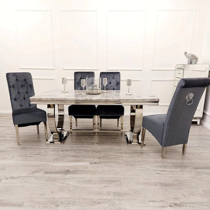 Arianna Marble & Chrome Dining Table With Lucy Slim Quilted Lion Knocker Velvet Chairs