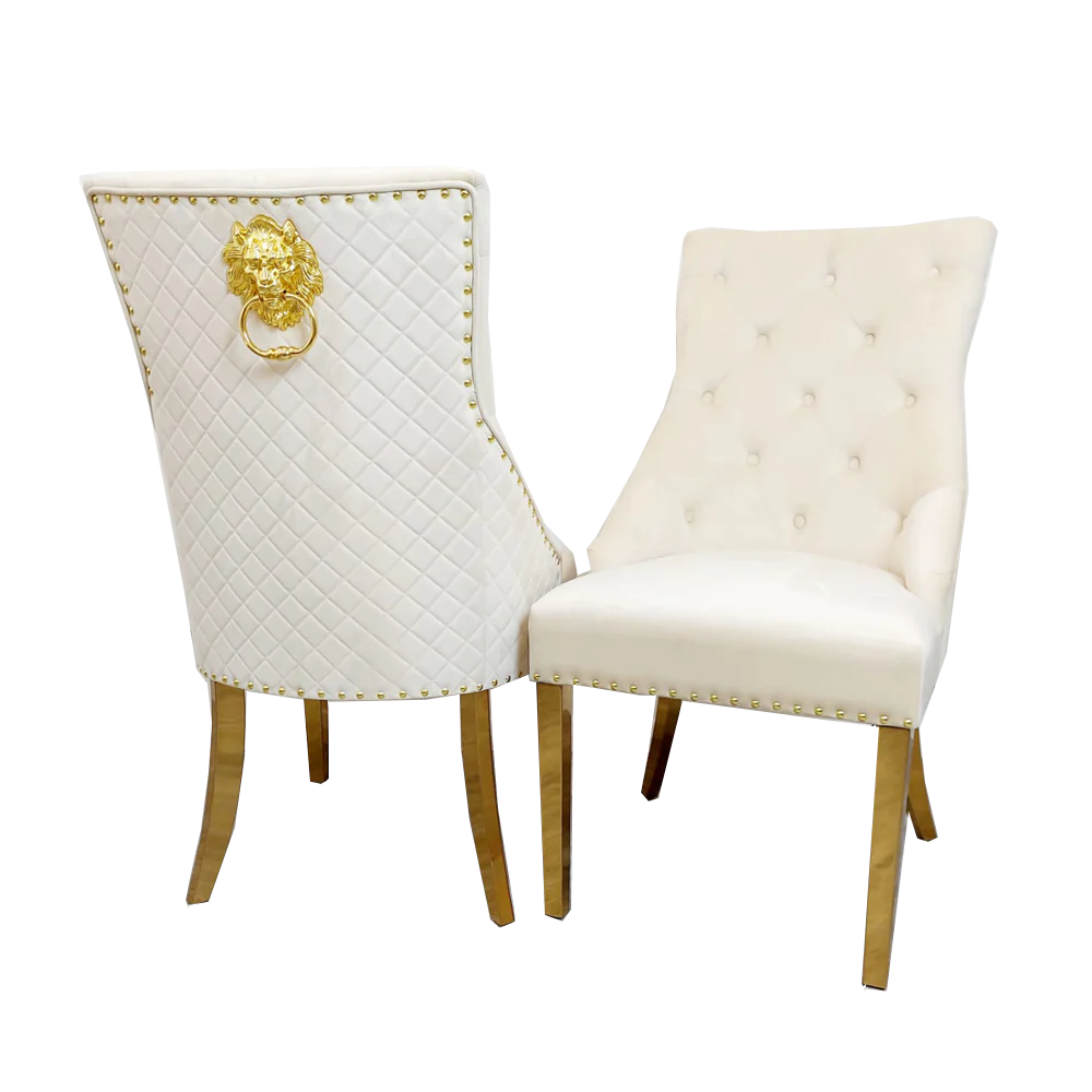 Valeo Gold 180cm Dining Table with Polar White Sintered Stone Top + 4 x cream and Gold Lion Knocker Dining Chairs