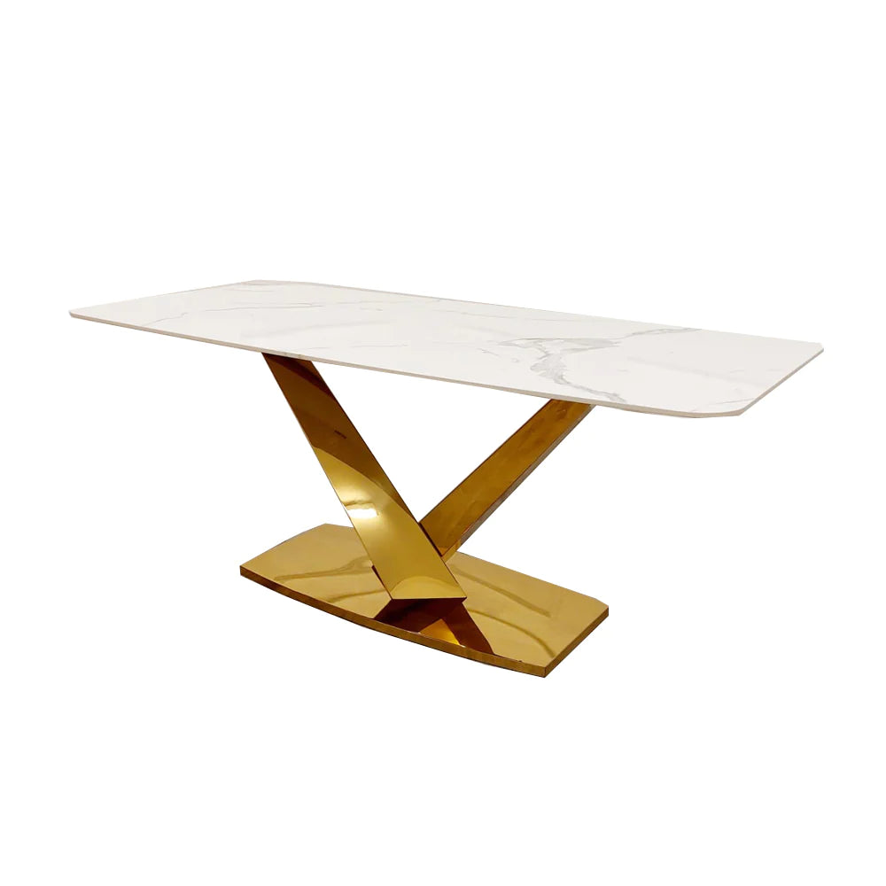Valeo Gold 180cm Dining Table with Polar White Sintered Stone Top + 4 x cream and Gold Lion Knocker Dining Chairs