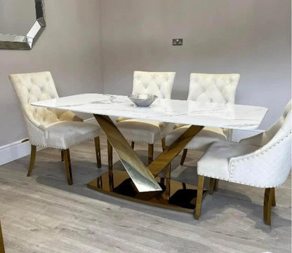 Valeo Gold 180cm Dining Table with Polar White Sintered Stone Top + 4 x cream and Gold Lion Knocker Dining Chairs