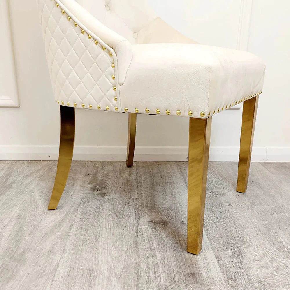 Valeo Gold 180cm Dining Table with Polar White Sintered Stone Top + 4 x cream and Gold Lion Knocker Dining Chairs