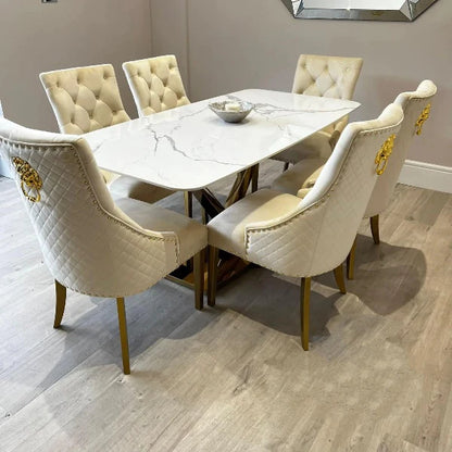 Valeo Gold 180cm Dining Table with Polar White Sintered Stone Top + 4 x cream and Gold Lion Knocker Dining Chairs