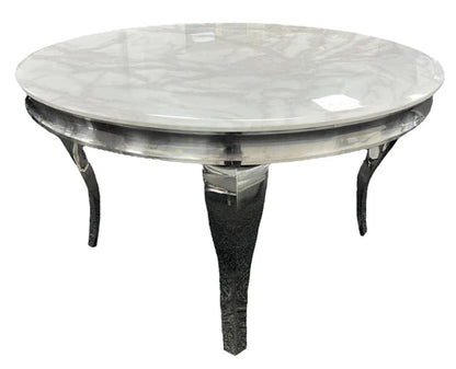 Louis White Marble 130cm Round Dining Table + Lucy Grey Lion Knocker Plush Velvet Chairs