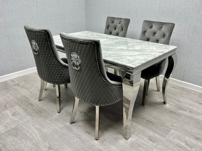 Louis Marble & Chrome Dining Table With PU Leather Chrome Lion Quilted Knocker Chairs