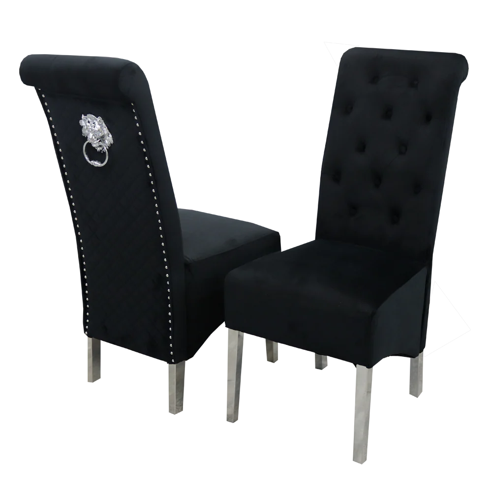 Arianna Marble & Chrome Dining Table With Lucy Slim Quilted Lion Knocker Velvet Chairs