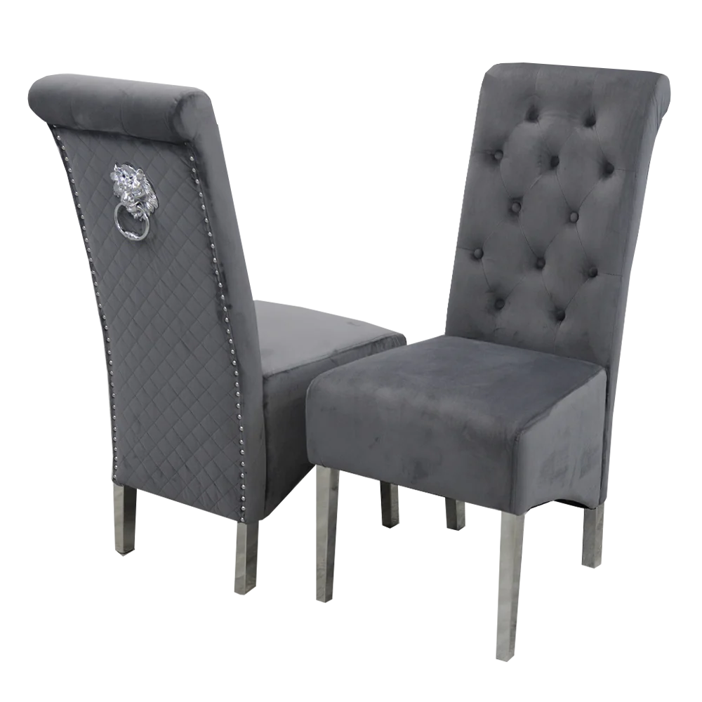 Arianna Marble & Chrome Dining Table With Lucy Slim Quilted Lion Knocker Velvet Chairs