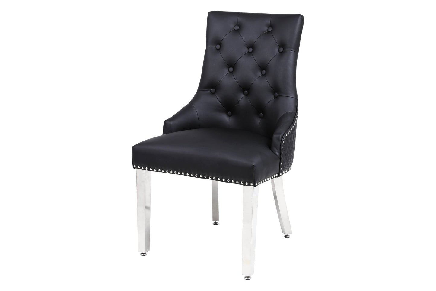 Louis Marble & Chrome Dining Table With PU Leather Chrome Lion Quilted Knocker Chairs