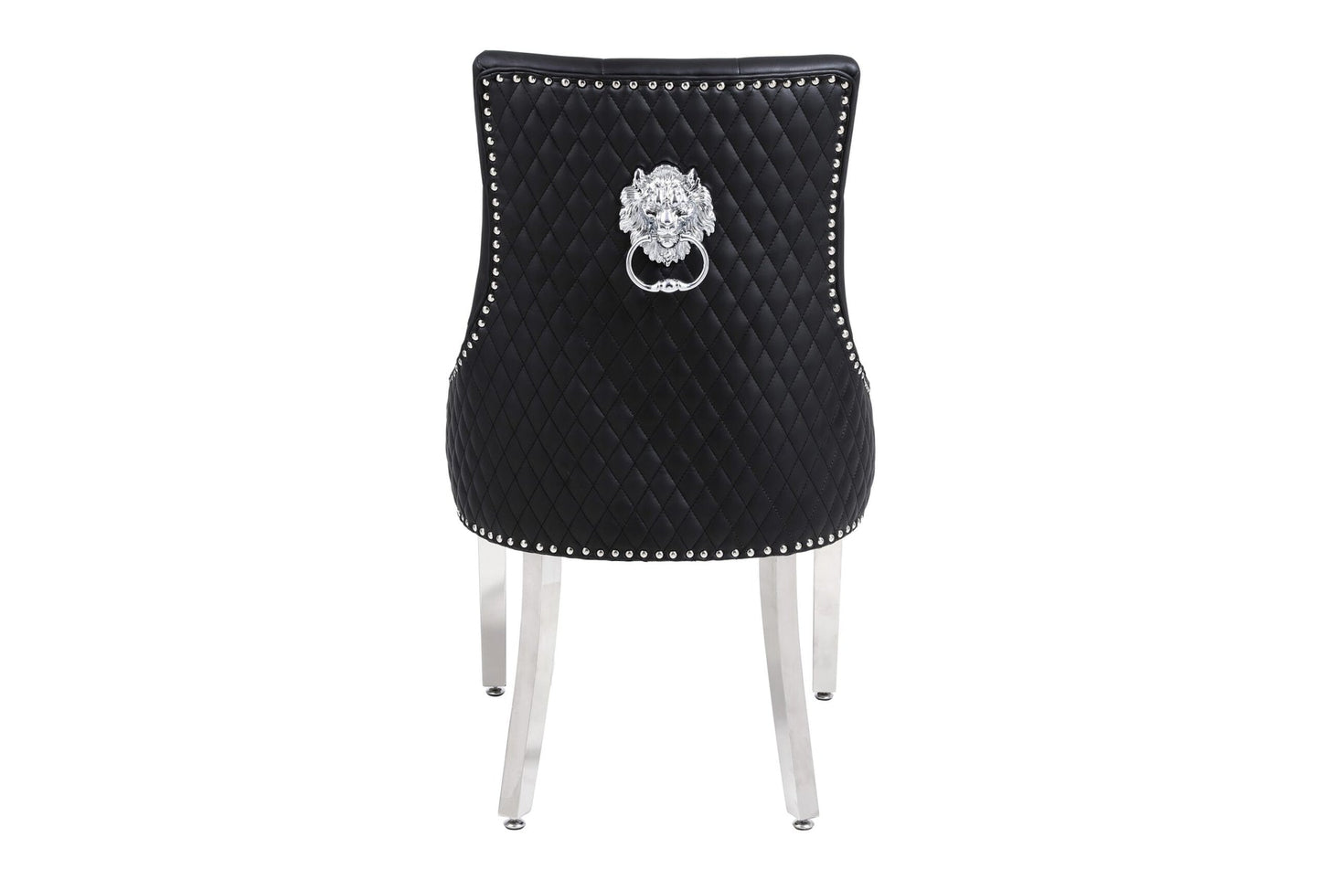 Louis Marble & Chrome Dining Table With PU Leather Chrome Lion Quilted Knocker Chairs
