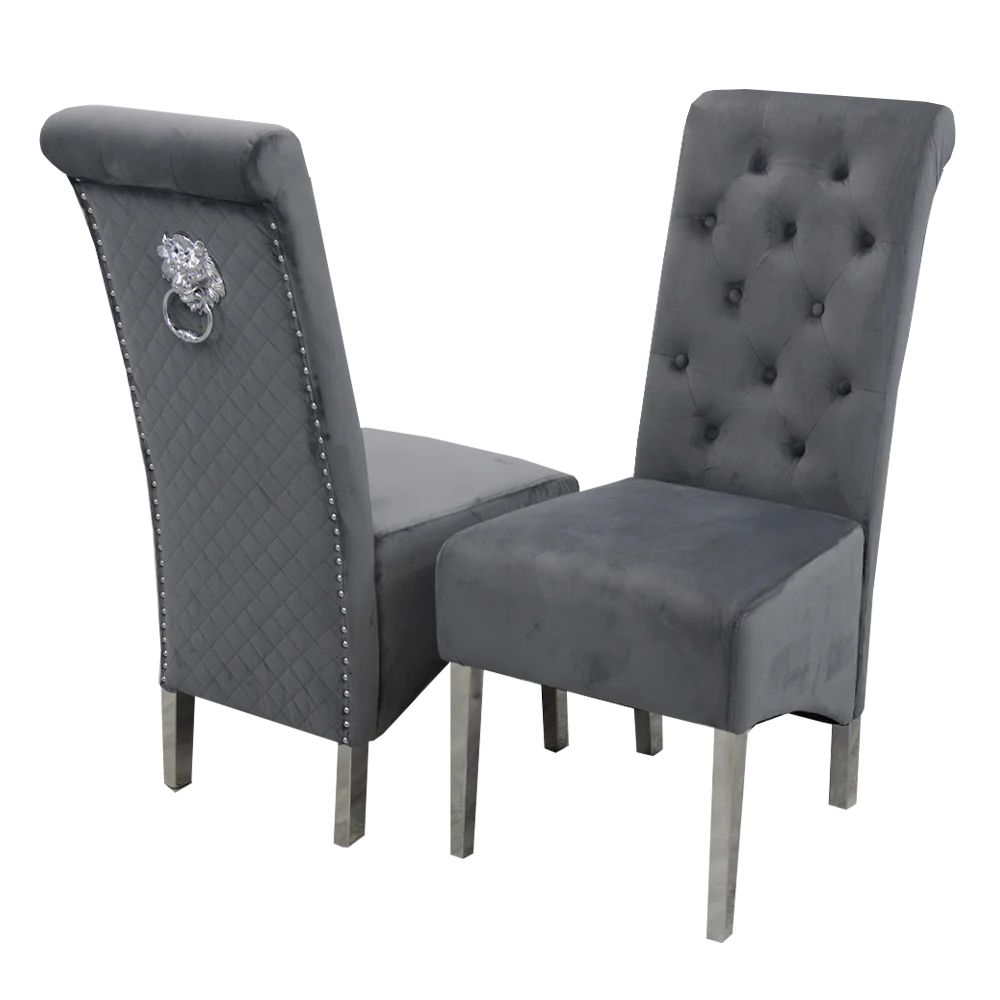 1.5m LOUIS GREY MARBLE DINING TABLE WITH 6 LUCY LION KNOCKER GREY PLUSH VELVET CHAIRS SET