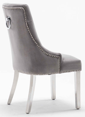 Louis 150cm Grey Marble Dining Table + Knightsbridge Light Grey Knocker Plush Velvet Chairs