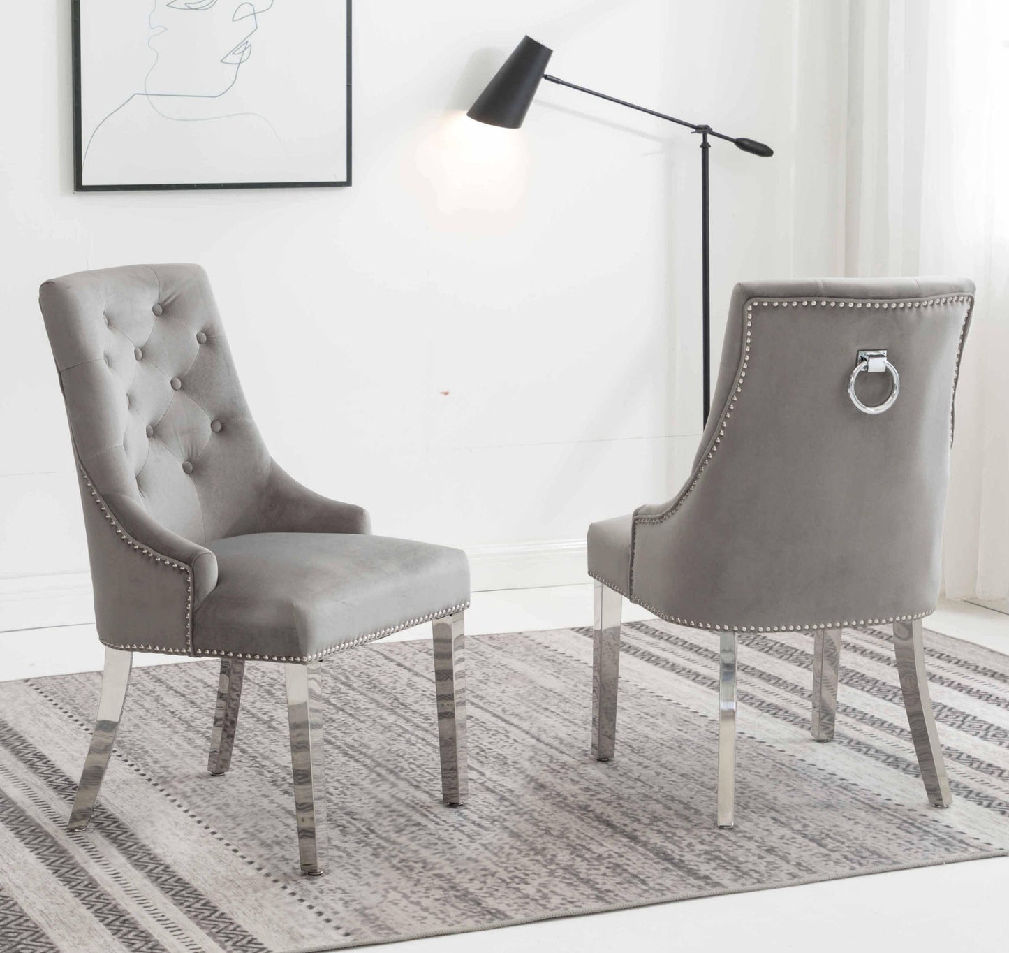 Louis 150cm Grey Marble Dining Table + Knightsbridge Light Grey Knocker Plush Velvet Chairs