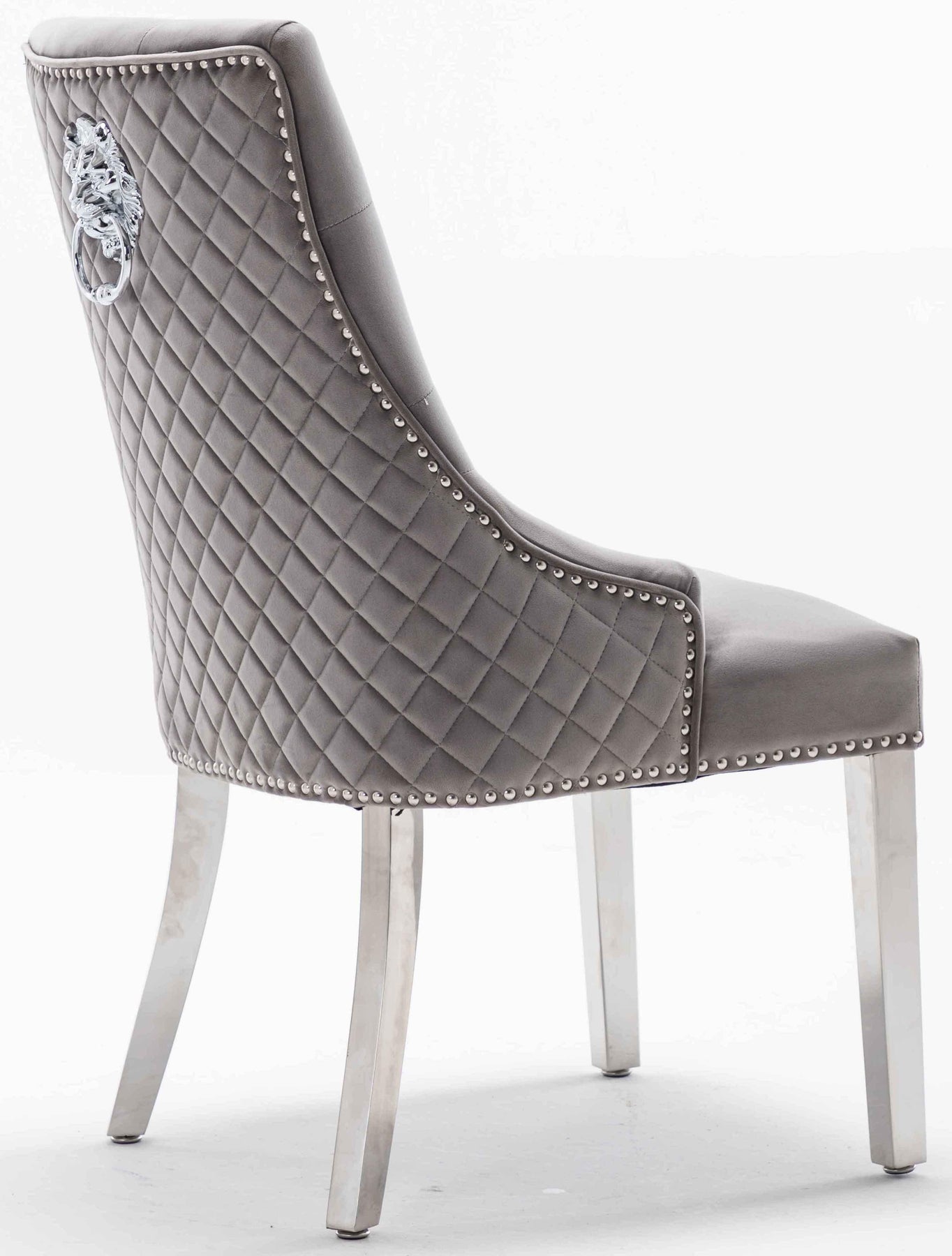 Louis 130cm Grey Marble Round Dining Table + Light Grey Lion Knocker Chairs