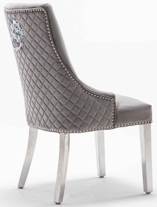Louis 130cm Grey Marble Round Dining Table + Light Grey Lion Knocker Chairs
