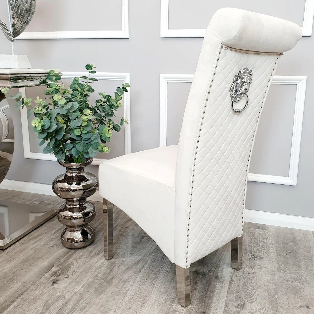 Arianna Marble & Chrome Dining Table With Lucy Slim Quilted Lion Knocker Velvet Chairs