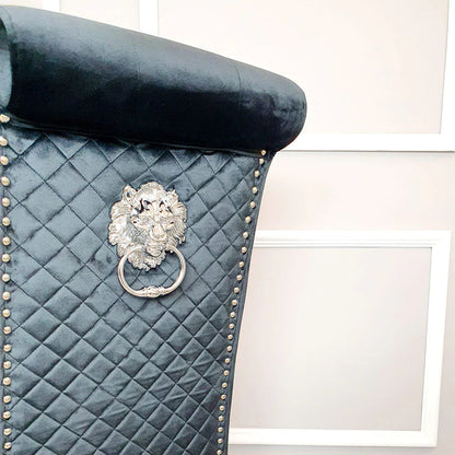 Arianna Marble & Chrome Dining Table With Lucy Slim Quilted Lion Knocker Velvet Chairs