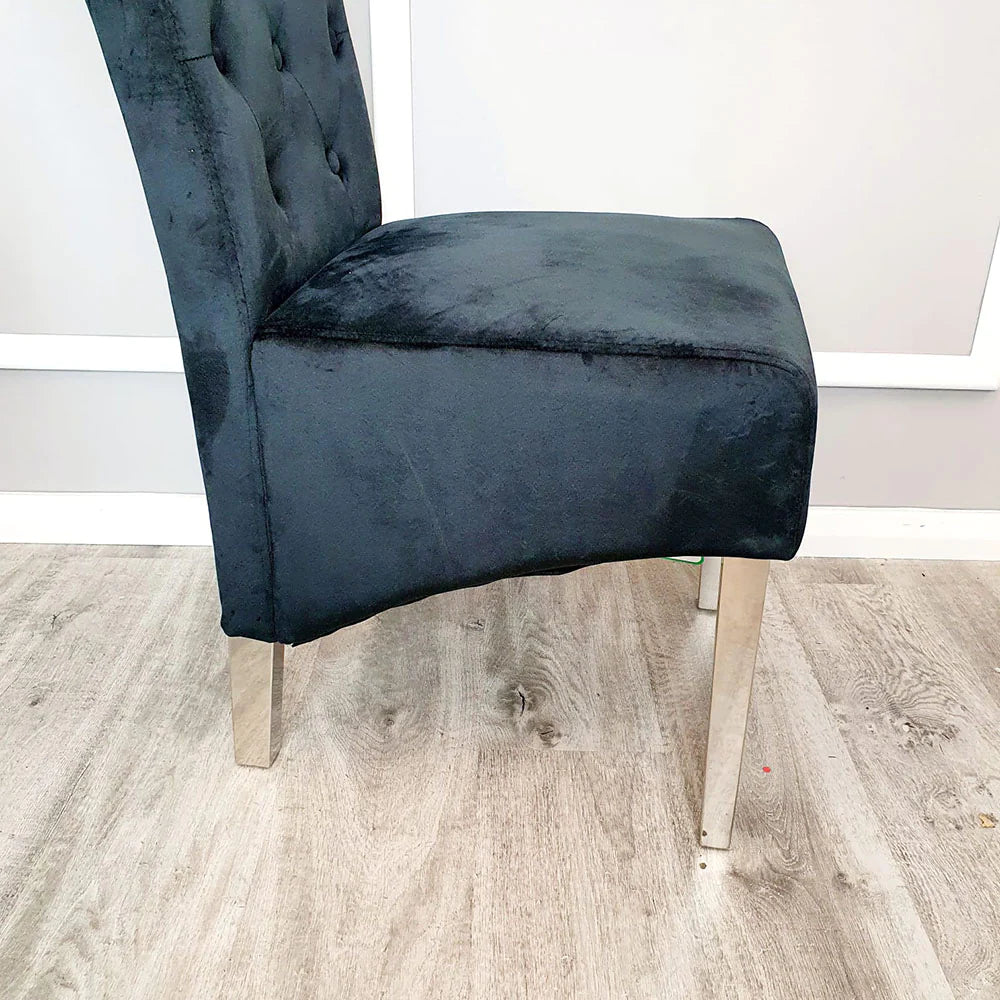 Arianna Marble & Chrome Dining Table With Lucy Slim Quilted Lion Knocker Velvet Chairs