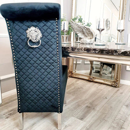 Arianna Marble & Chrome Dining Table With Lucy Slim Quilted Lion Knocker Velvet Chairs