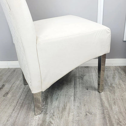 Arianna Marble & Chrome Dining Table With Lucy Slim Quilted Lion Knocker Velvet Chairs