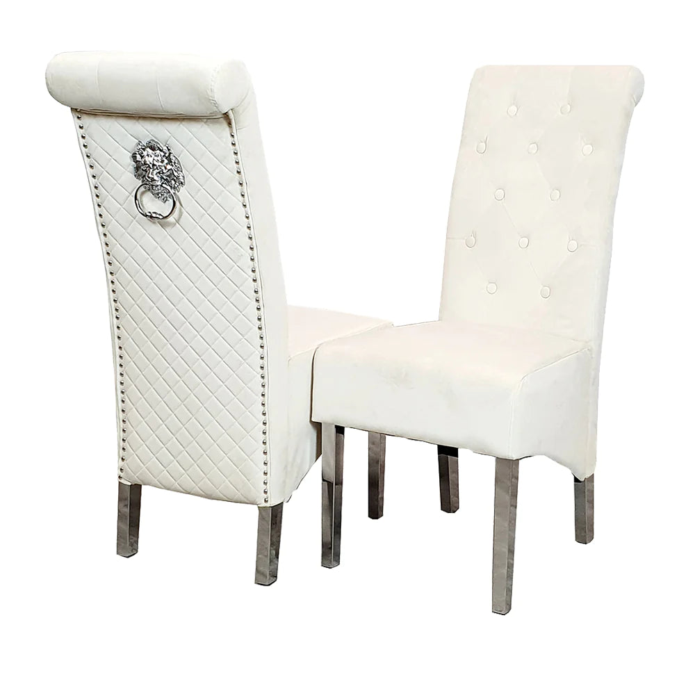 Arial 180cm Marble & Chrome Dining Table With Lucy Slim Quilted Lion Knocker Velvet Chairs