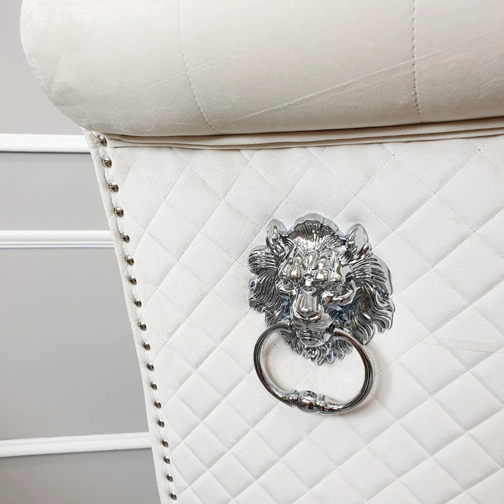 Arianna Marble & Chrome Dining Table With Lucy Slim Quilted Lion Knocker Velvet Chairs