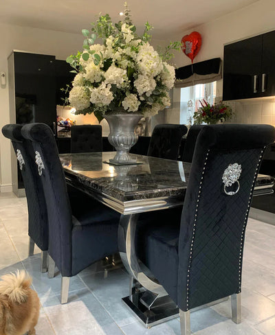 Arial 180cm Marble & Chrome Dining Table With Lucy Slim Quilted Lion Knocker Velvet Chairs
