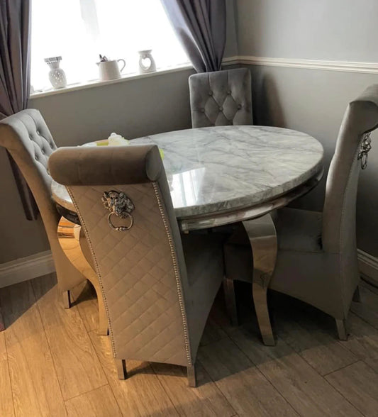 Louis White Marble 130cm Round Dining Table + Lucy Grey Lion Knocker Plush Velvet Chairs