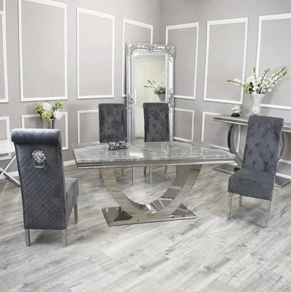 Arial 180cm Marble & Chrome Dining Table With Lucy Slim Quilted Lion Knocker Velvet Chairs