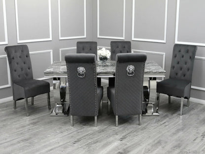 Arial 180cm Marble & Chrome Dining Table With Lucy Slim Quilted Lion Knocker Velvet Chairs