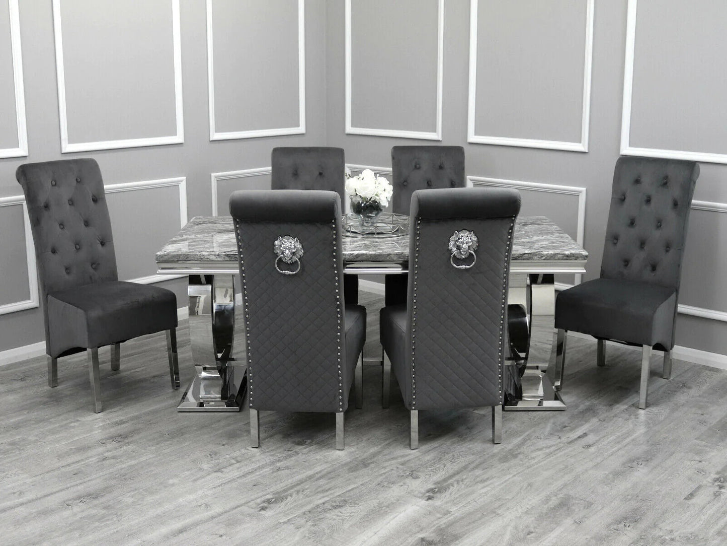 Arianna Marble & Chrome Dining Table With Lucy Slim Quilted Lion Knocker Velvet Chairs