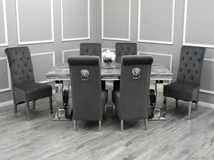 Arianna Marble & Chrome Dining Table With Lucy Slim Quilted Lion Knocker Velvet Chairs