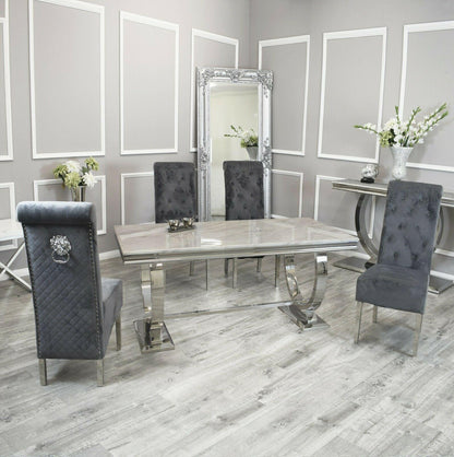 Arianna Marble & Chrome Dining Table With Lucy Slim Quilted Lion Knocker Velvet Chairs