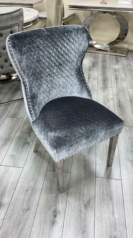 Louis 110cm Grey Marble Round Dining Table + Valente Grey Lion Button Chairs