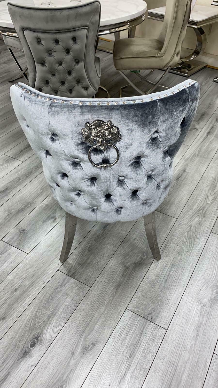 Louis 110cm Grey Marble Round Dining Table + Valente Grey Lion Button Chairs